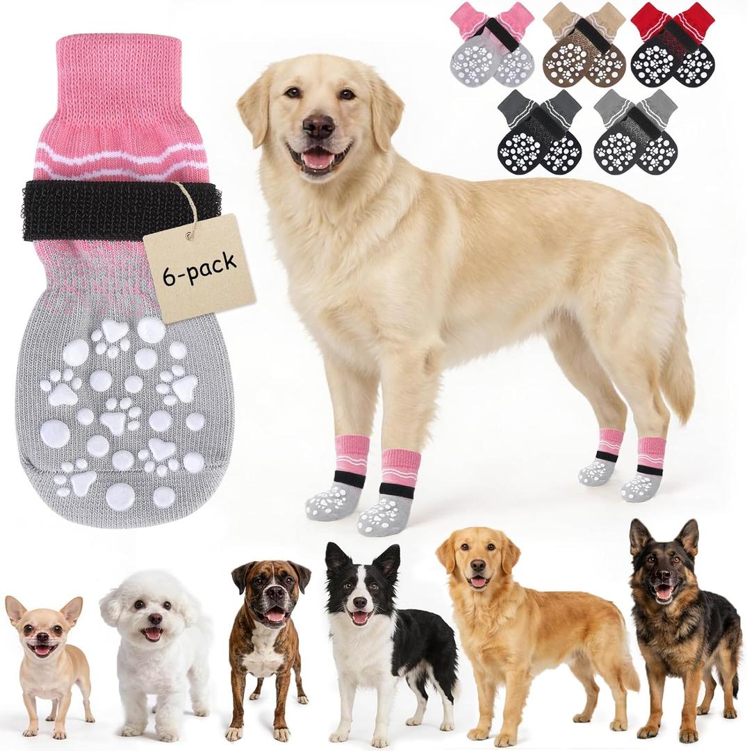 BINGPET 6PCS Dog Socks to Prevent Licking Paws with Grippers for Hardwood Floors Anti Slip, Winter Pet Shoes Booties, Extra-Thick Grip Dog Boots & Paw Protectors for Small Medium Large Senior Dogs, L