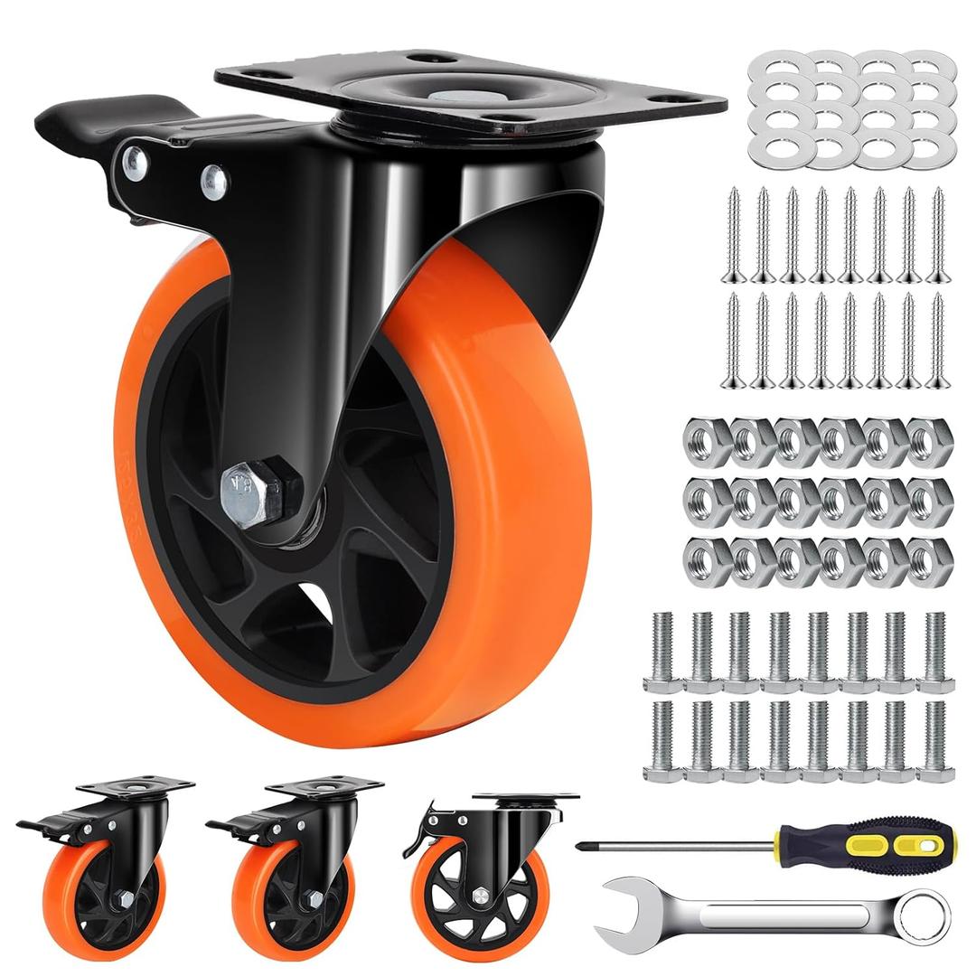 MSH&HCE 5-Inch Orange Heavy Duty Caster Wheels (Set of 4) - 2600Lbs Total Capacity, Polyurethane (PU) Wheels, Quiet Swivel Casters for Carts, Furniture & Workbenches (Two Hardware Included)