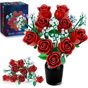 Roses Flowers Bouquet Building Set for Adults, Red Rose Flores Botanical Collection Kits Compatible with Lego Flower, Christmas Valentines Day Gifts Women Girls