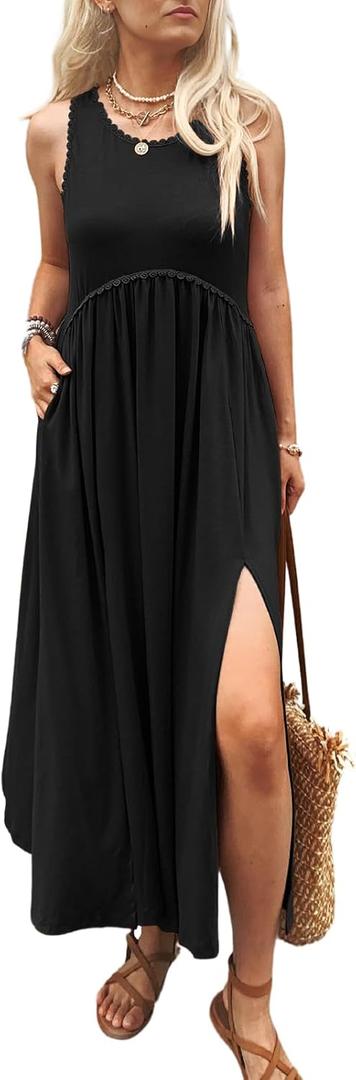 Women's Maxi Dress Summer Sleeveless Crewneck Swing Sundress Casual Loose Long Dresses with Pockets (Black)