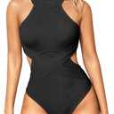 OQQ Women's One Piece Swimsuits Tummy Control High Waisted Cross Bathing Suit Wrap Tie Back 1 Piece Swimwear Black.L