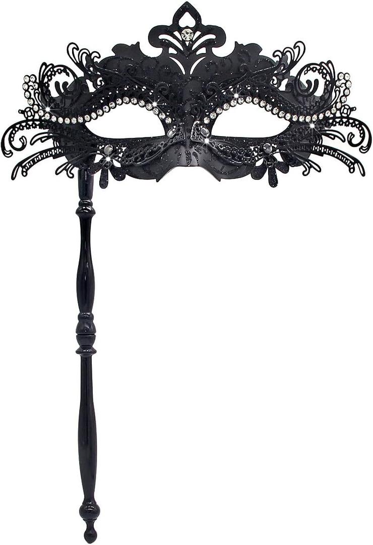 WILOVCOS Womens Masquerade Mask with Stick, Handheld Mardi Gras Mask,Venetian Party Masks (Black)
