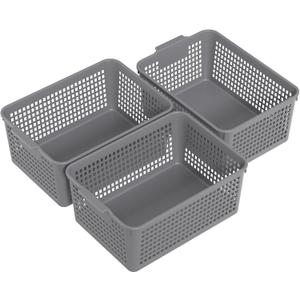 Readsky 3 Packs Plastic Storage Basket Desktop Organizer, Large Storage Baskets, Gray