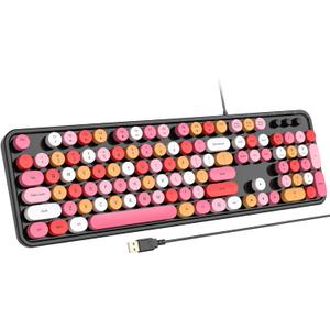USB Wired Computer Keyboard - Retro Typewriter Keyboard - Full Size Office Keyboard with Number Pad, Caps Indicators, Foldable Stands, for PC Laptop Desktop Windows (Black Colorful)