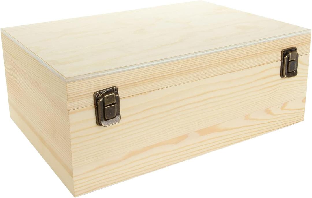 DAJAVE Unfinished Wooden Box, 12x9x5 Inch Large Wooden Box with Hinged Lid and Front Clasp, Pine Wood Box DIY Craft Stash Boxes for Arts Hobbies and Home Storage
