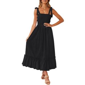 ZESICA Women's 2026 Summer Boho Spaghetti Strap Square Neck Solid Color Ruffle A Line Beach Long Maxi Dress (Medium)