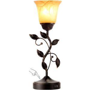Touch Control Table Lamp with 2 USB Charging Ports, 3-Way Dimmable Bedside Nightstand Lamps, Amber Glass Shade Vintage Rural Leaf Lamp for Living Room, Bedroom, Dresser