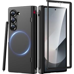 Miimall Magnetic for Samsung Galaxy Z Fold 7 Case with Pen, [Compatible with Magsafe][S Pen Holder & Hinge Protection & Screen Protector] Ultra Slim Thin Full Cover Phone Case for Z7 Fold7 5G Black