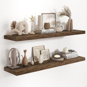 Fun Memories 48 Inch Floating Shelves, 9.3 Inch Deep Wall Shelves for Bathroom, Living Room, Bedroom, Kitchen, Deep Long Shelf Wall Mounted 2 Pack Shelf for Books, Decor, Rustic Brown
