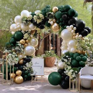 Dark Green Black Balloon Arch Double Stuffed Emerald Hunter Green, Pearl White Sand Gold Balloon Garland Kit for Birthday Wedding Anniversary Bridal Baby Shower Graduation Party Decoration