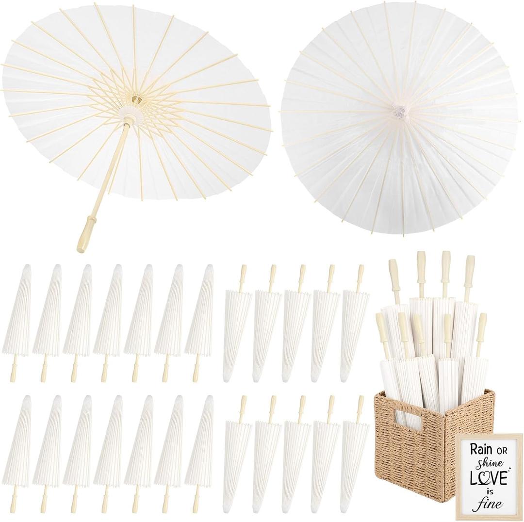 24 Pack Paper Umbrellas for Weddings 23.6 Inch White Paper Parasols for Guests with Woven Storage Basket and Photo Frame for Wedding Anniversary Parties Bridal Showers Party