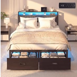 Aelawe Queen Bed Frame with 2 Drawers, Platform Bed Frame with LED Lights and Charging Station, Upholstered Headboard, Heavy Duty Metal Slats, No Box Spring Needed, Noise Free, Easy Assembly