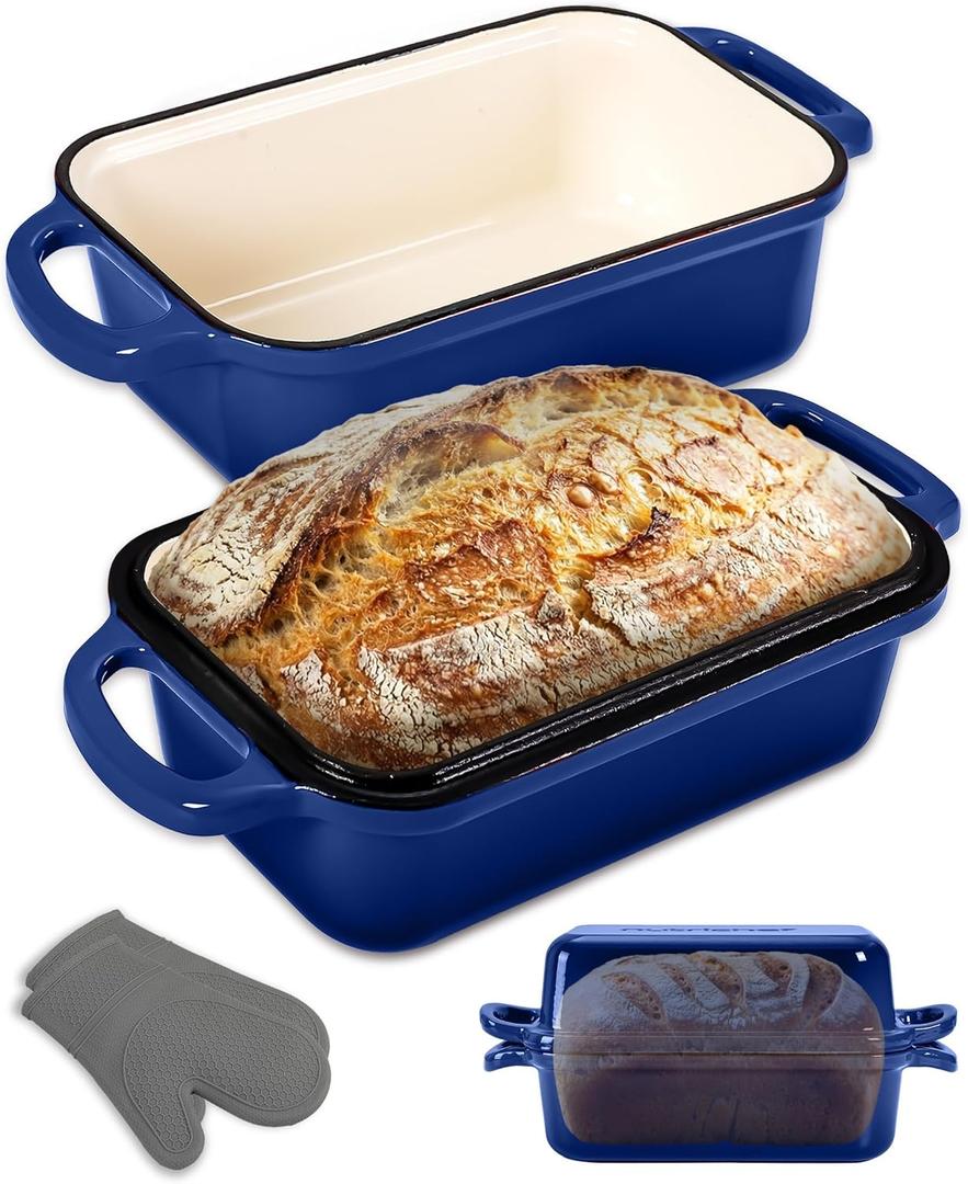 NutriChef 9x5" Enameled Cast Iron Loaf Pan with Lid, Enamel-Coated Baking Loaf Pan for Sourdough, Oven Safe, Nonstick Bread Pan with Silicon Gloves, Dishwasher Safe, Blue