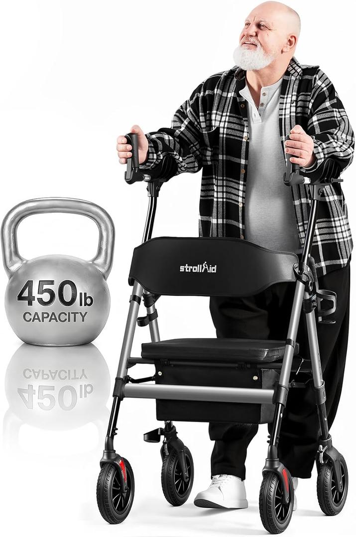 Upright Walkers for Seniors, 450 lb Heavy Duty Stand Up Rollator Walker with Adjustable Soft Sponge Armsupport & Seat, Tall Standing Folding Rolling Walker with 8'' Wheel, Grey