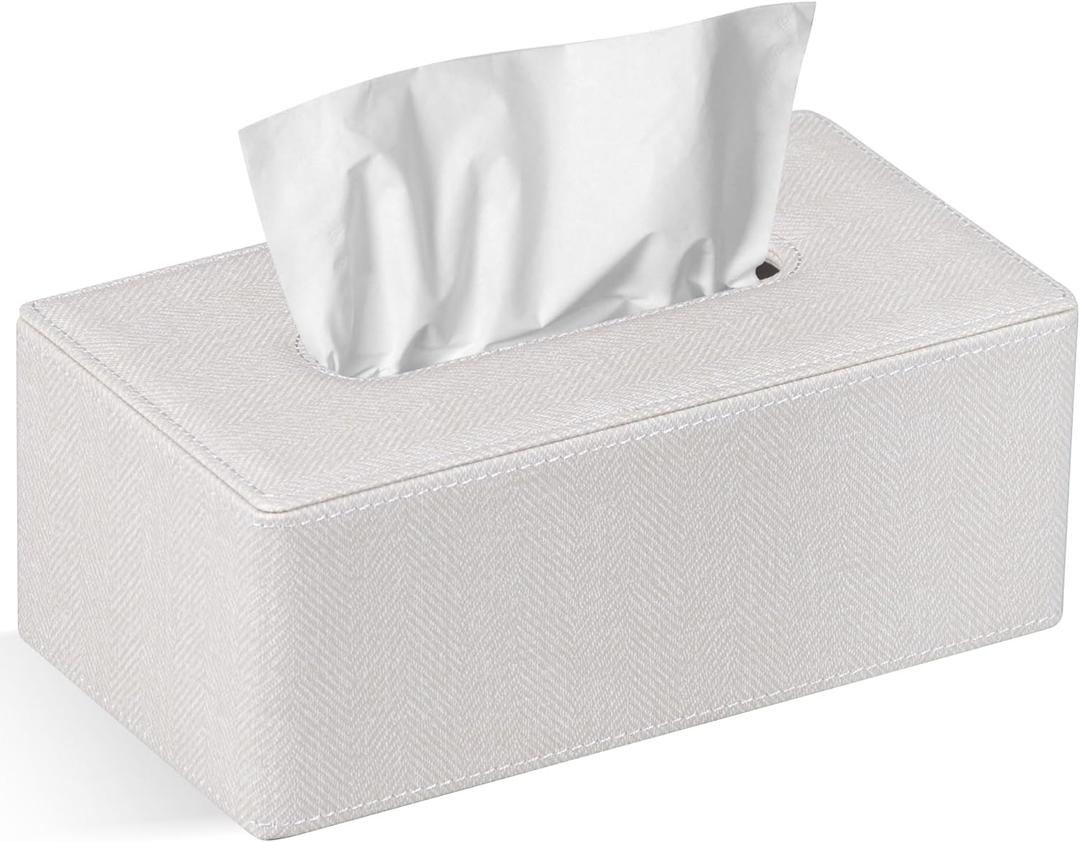 Tissue Box Cover Rectangular 9.8"(L) x 5.3"(W) x 4.3"(H) Refined Modern PU Leather Facial Tissue Dispenser Box Holder for Dresser Bathroom Decorative (Linen Beige)