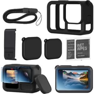Vasgather Silicone Sleeve Rubber Protective Case Compatible with Gopro Hero 13 Black Screen Protectors(6pcs), Lens Caps(2pcs), Battery Side Cover, Lanyard for Gopro Hero 13 Accessories Kit Black(11 in 1)