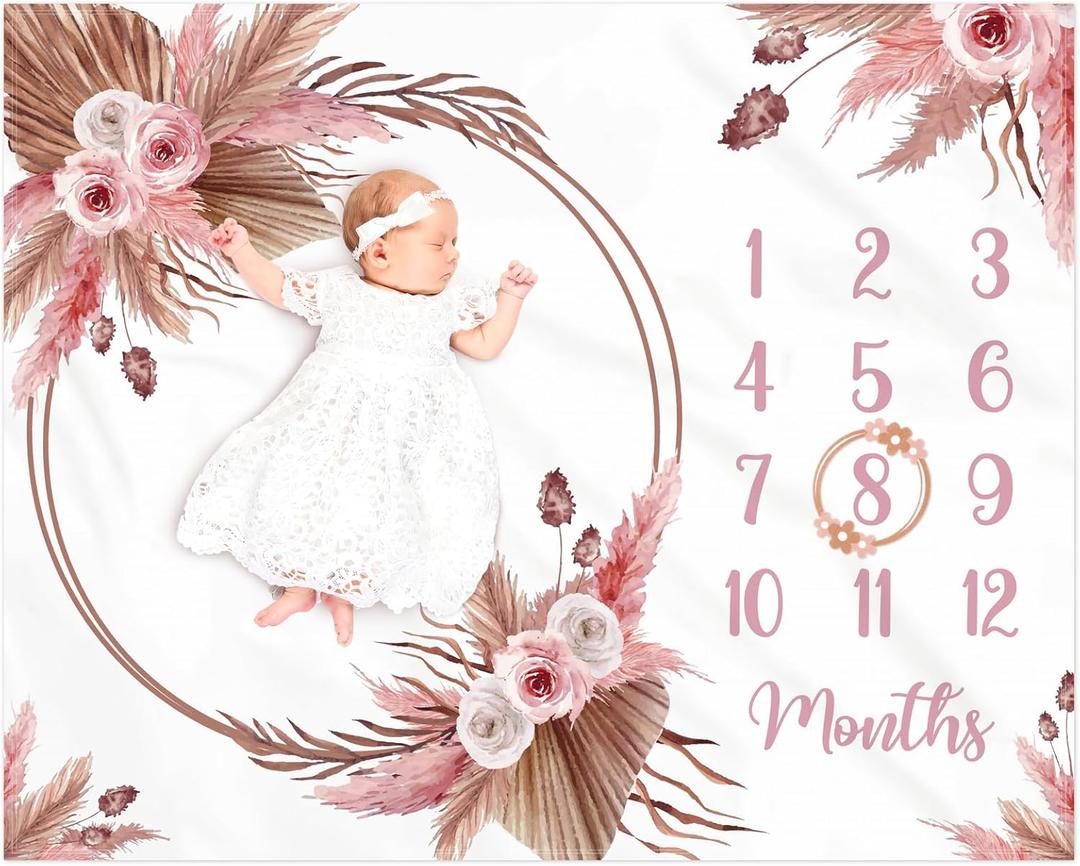 Floral Boho Baby Monthly Milestone Blanket Little Girl Bohemian Photo Prop Blanket Personalized Bliss Baby Present Pampas Grass Ideas for Newborn Princess Pinkk Nursery Dcor 40" X 50"