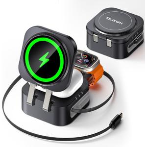 Retractable 3 in 1 Charging Station for Apple [Built in Cable] 22.5W Fast for Magsafe Wireless Charger, Travel Essentials, Magnetic Foldable Stand for iPhone 17 Air Pro Max 16 15 iWatch Airpods (Black)