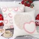 2 PCS Valentines Day Hearts Throw Pillow Covers 18 x 18 Inches Square Beige Pink Heart Linen Embroidered Cushion Cases Soft Decor for Sofa Bed Couch Living Room Home Couple Present Valentine Gift