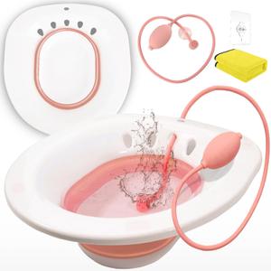 Sitz Bath for Toilet Hemorrhoids Postpartum Care, Perineal Soaking Bath Over The Toilet Seat, Collapsible Sitz Basin with Flusher for Vaginal Anal Inflammation Treatment, Yoni Steam Seat (White/Pink Basin, Flusher&towel)