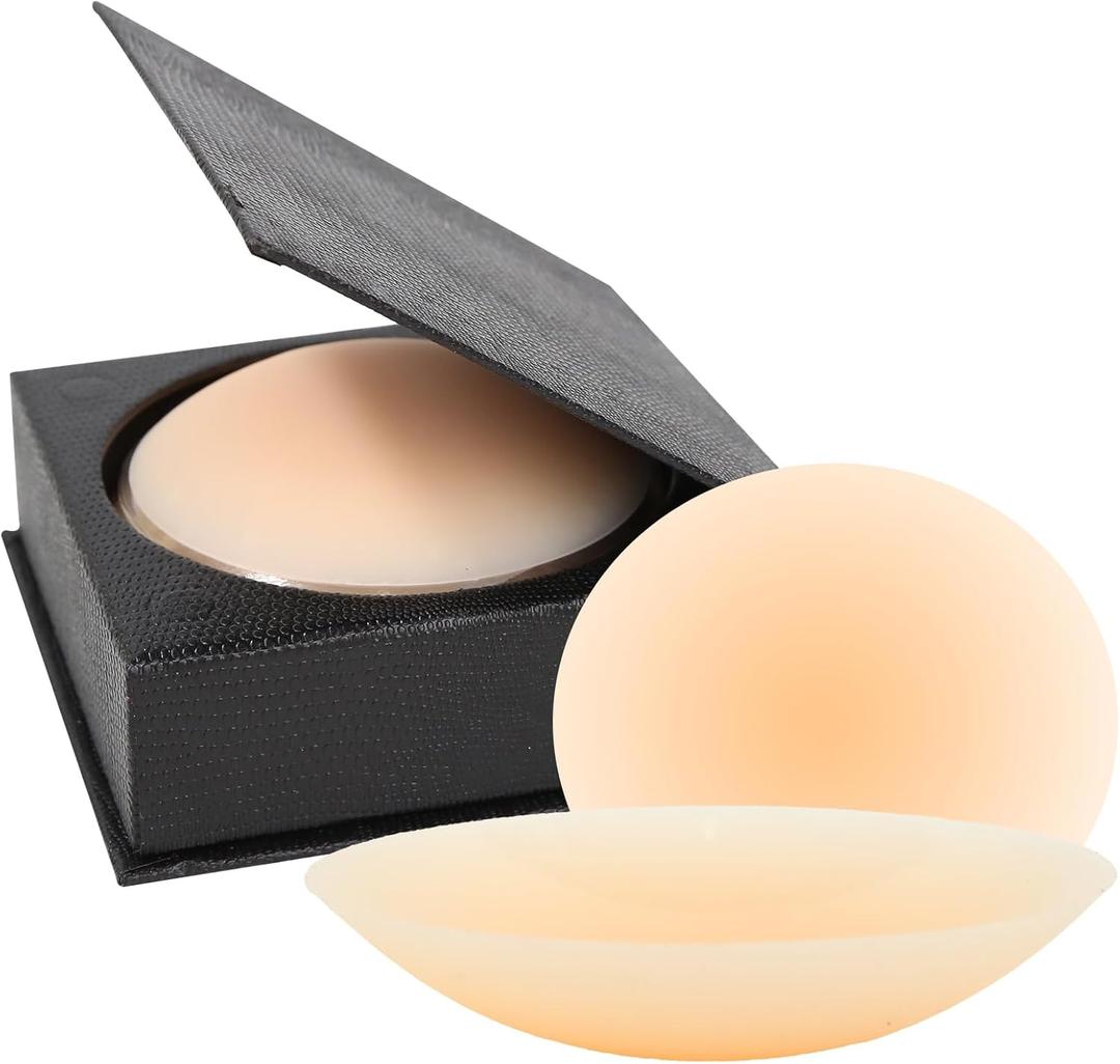 FADELLA Nipple Covers For Women, 2 Pairs Ultra-Thin Reusabl Silicone Sticky Pasties Bra With Travel Box (3.94inch (Fits D), Creme)