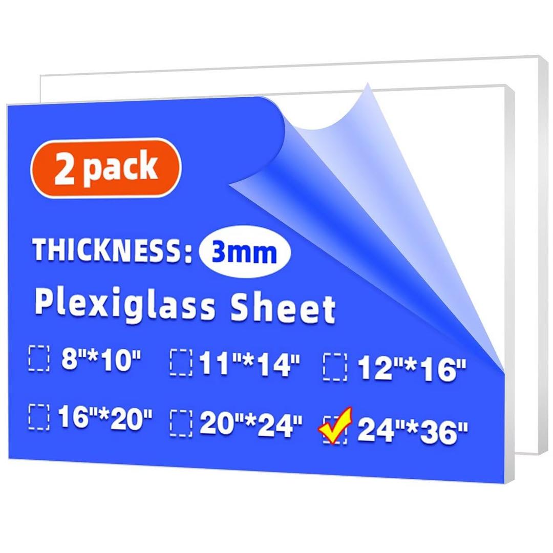 (2 Pack) 24" x 36" Plexiglass Sheets 1/8 inch Thick (3mm), Clear Acrylic Sheets Panel Cut to Size Plexiglass Acrylic Board, Cut with Engraver, Power Saw or Hand Tools, No Laser Cut.