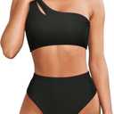 MOOSLOVER Women Cutout One Shoulder High Waisted Bikini High Cut Two Piece Swimsuits (Large, Black)