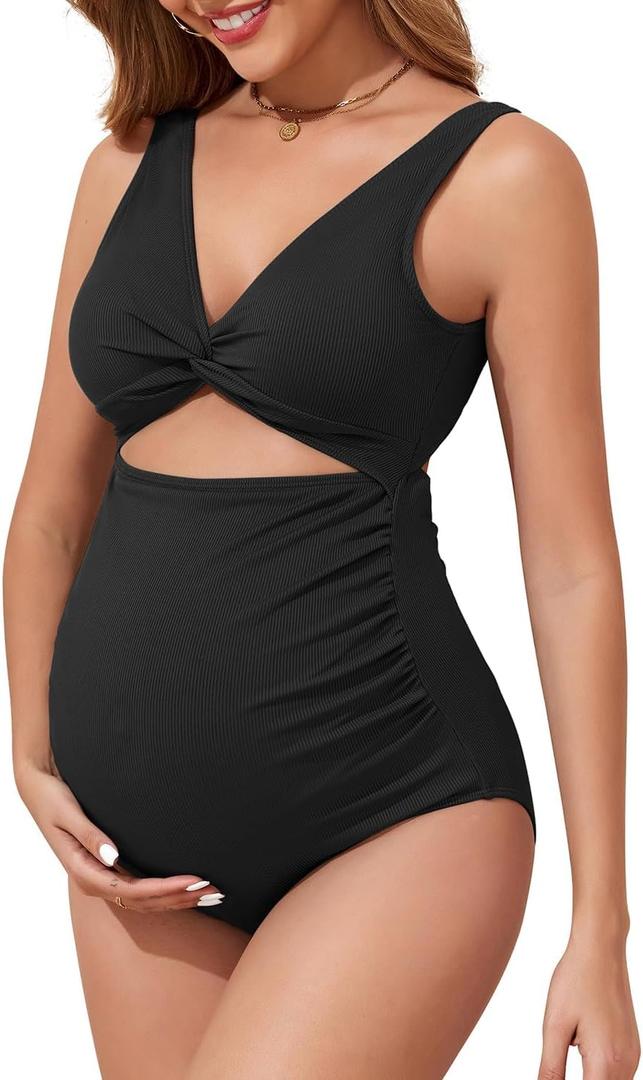 Maternity One Piece Swimsuits for Women - Ribbed Cutout High Waist Maternity Bathing Suits Tie Knot Pregnancy Swimwear 2026 Black, M