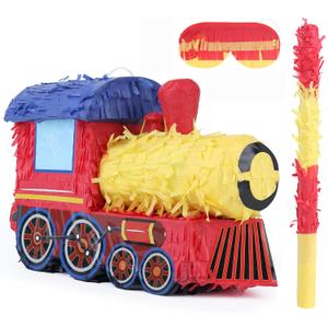 3D Train Pinata Bundle with a Blindfold and Bat (16x10.6x6.7 Inches), Train Pinata for Boys Birthday Party Supplies, Perfect for Birthday Party, Train Theme Party, Decoration