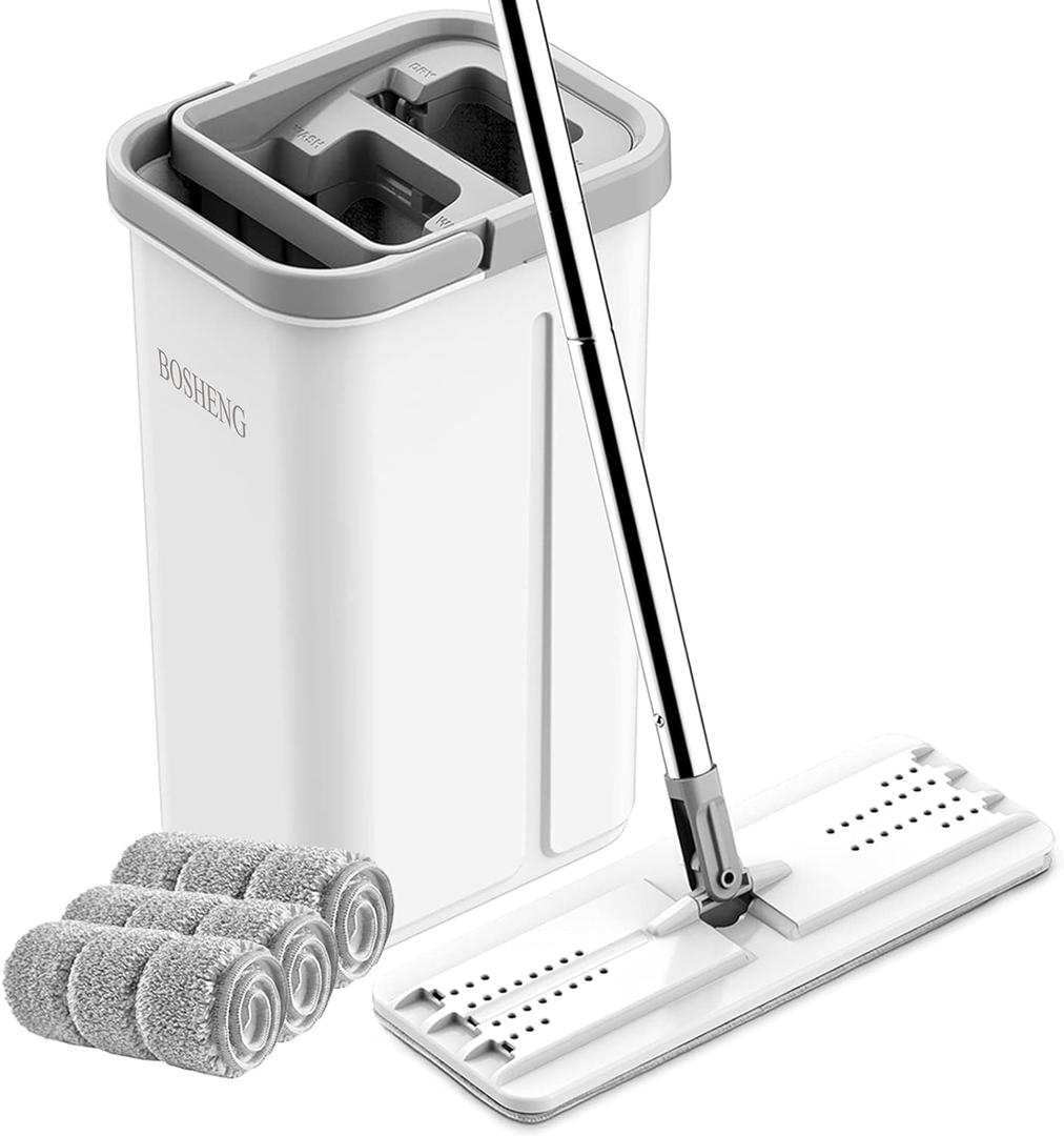 Mop and Bucket with Wringer Set, Hands Free Flat Floor Mop and Bucket, 3 Washable Microfiber Pads Included, Wet and Dry Use, Home Floor Cleaning System for All Floor Types and Windows (White Mop and Bucket Set with 3 Pads)
