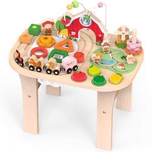 Weilim Activity Table for 1 Year Old, Baby Wooden Sensory Table with Bead Maze Shape Sorter Train Track for Toddler, Farm Montessori Toy Activity Center Educational Learning Toys for Kids 12+ Months