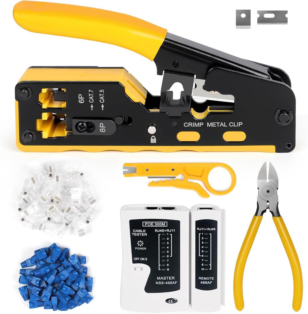 Wakhow RJ45 Crimp Tool Kit, Ethernet Pass Through Crimper, Network Cat5 Cat6 Cat7 Crimping Tool Repair Kit Includes Cable Tester, Mini Stripper, Blades, 50Pcs Connectors and Strain Relief Boots
