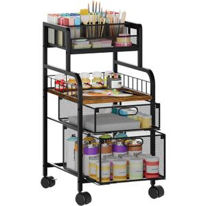 SWTYMIKI Rolling Cart with Drawers - Metal Utility Cart with Wood Shelf, DIY Divider and Locking Wheels, Craft & Art Cart Organizer for Under Desk Storage for Home Office Studio, Espresso (4 Tiers, 4 Tiers-Espresso)