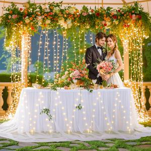 PARTISKY White Tulle Tutu Table Skirt for Rectangle Tables or Round Table,Led Light String Table Cloth for Wedding Baby Shower Birthday Party Dessert/Cake Tables