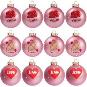 DN DECONATION 12Pcs Valentines Day Ball Ornaments, Pink Red Glass Ball Ornament with Rose Heart Love for Valentine's Tree Decor Wedding Party Supplies Hanging Baubles Decoration