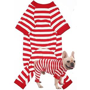 Dog Christmas Pajamas for Large Dogs, Cotton Thermal Dog Pjs Jumpsuit with Cover Legs Christmas Puppy Clothes, Striped Onesie Suit for Dogs, SY01-Redwhite-XS