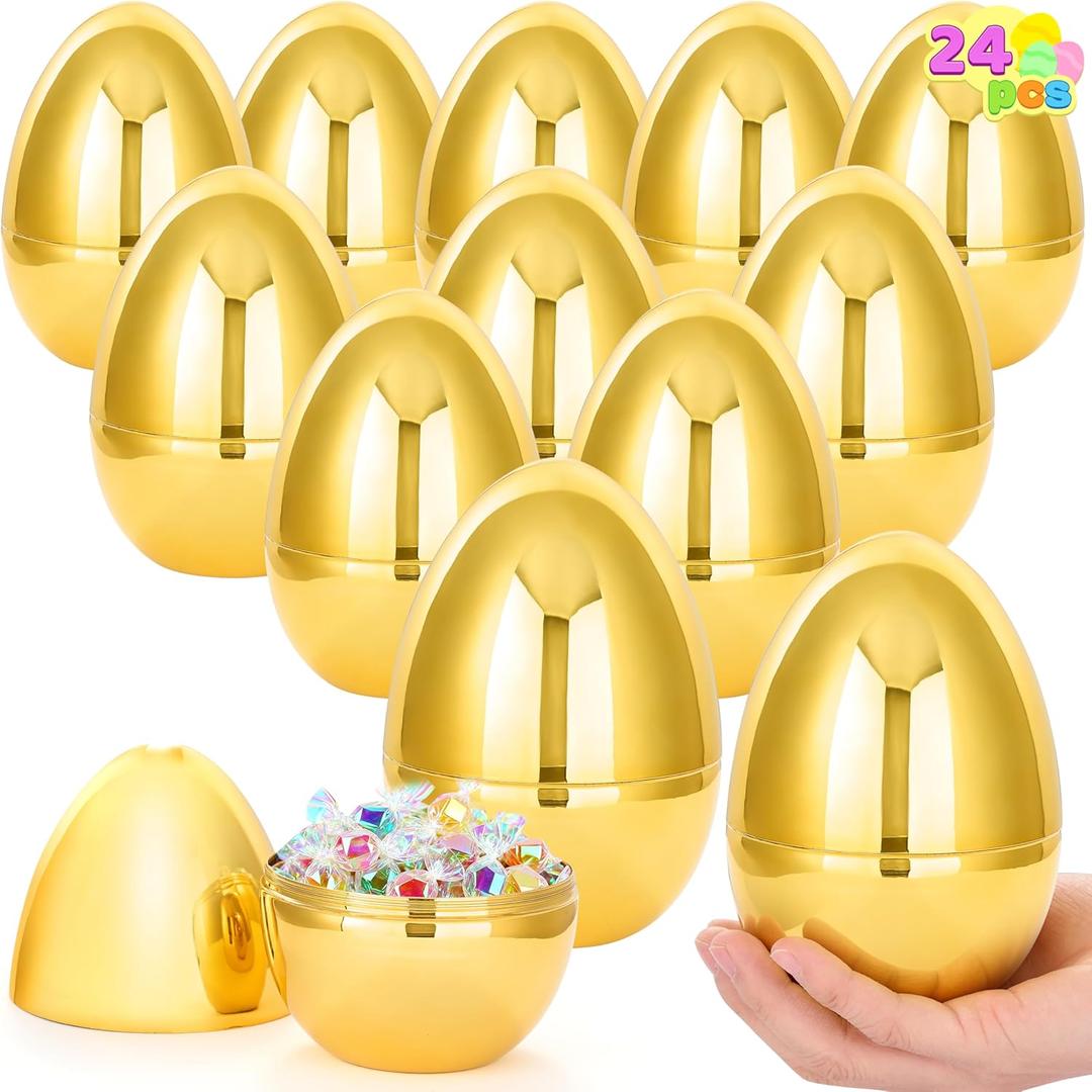 JOYIN 24 Pcs Large Plastic Golden Easter Eggs, 6 Inches Jumbo Eggs Fillable for Easter Themed Hunt Basket Stuffers Fillers Filling Treats Party Favor Classroom Prize Supplies