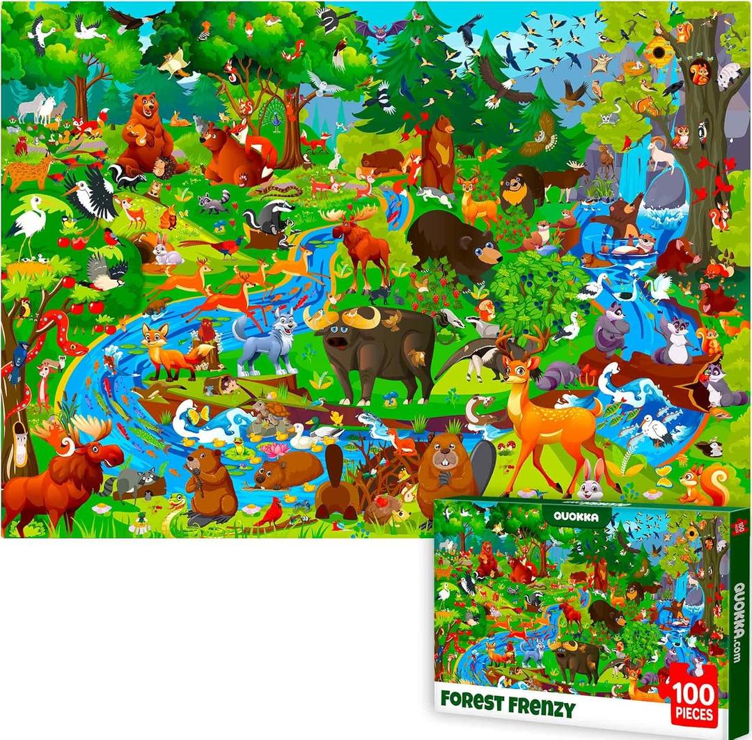 2 x QUOKKA 100 Piece Puzzles for Kids Ages 6-8  Intricately Illustrated Forest Animals Puzzle for Kids Ages 8-10  Educational Busyland Game Packed with Visual Details for Boys and Girls