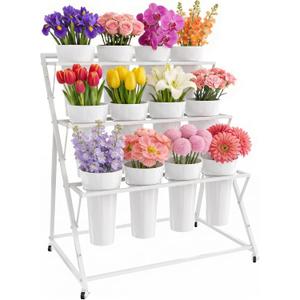 Flower Display Stand with 12 Buckets Metal 3-Tier White Flower Bar Stand