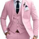 Mens Suits Slim Fit 3 Piece Business Wedding Tuxedo Jacket Vest Pants Suit Set (Small, Pink)