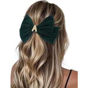 Initial Velvet Hair Bow Clip, Personalized Hair Accessories for Women, Girls & Kids, Gift for Weddings, Birthdays, Christmas(Dark Green, A)