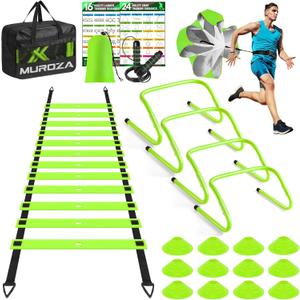 MUROZA Agility Ladder, Agility Speed Training Equipment Set, 20ft Speed Ladder, 12 Soccer Cones, 4 Hurdles, Jump Rope, Running Parachute, Soccer Football Basketball Training Equipment Accessories