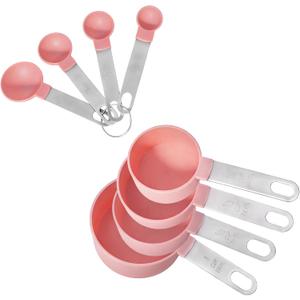 Set of Plastic Measuring Cups and Spoons with Stainless Steel Handles, 8 Piece Nesting Measure Spoon Set with Metric and US Measurements, Fits for Measuring Dry and Liquid Dishwasher Safe
