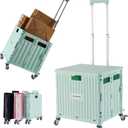 Folding Utility Cart Portable Rolling Crate Handcart Shopping Trolley Collapsible Tool Box, with Lid, Basket on 4 Rotate Wheels, for Grocery, Office, Teacher, Travel Shop Move Luggage (Green)
