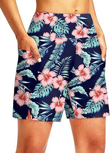 G Gradual Women's 7" Long Swim Board Shorts High Waisted Quick Dry Beach Swimming Shorts for Women with Liner Pockets, XXL
