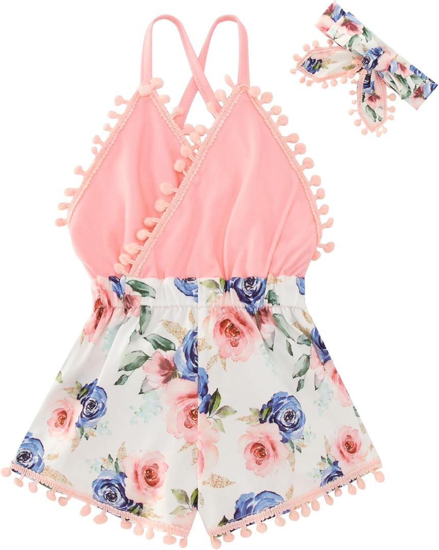 6M-3T Baby Girl Backless Bodysuit Outfit Set Romper Jumpsuit with Headband (Pink Flower)