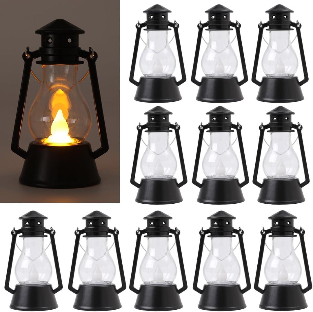 Mini Vintage Lantern Decor 12-Pcs LED Small Lanterns Indoor Decorative Outdoor Hanging Lantern Decorative Candle Lanterns Farmhouse Decor for Wedding Centerpiece,Halloween,Christmas Decorative (Black)