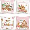 Bonhause Christmas Gingerbread Throw Pillow Covers 18 x 18 Inch Truck Gingerbread House Hot Cocoa Pink Decorative Pillow Cases for Couch Bed Home Winter Holiday Decor Set of 4