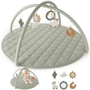 Beautiful Baby Play Gym and Tummy Time Mat - Soft Cotton Mat with 6 Cute Toys Creates The Perfect Activity Area for Your Girl/Boy - Stylish Infant Floor Playmat Fits Nicely with Any Playroom Decor (Sage Green)