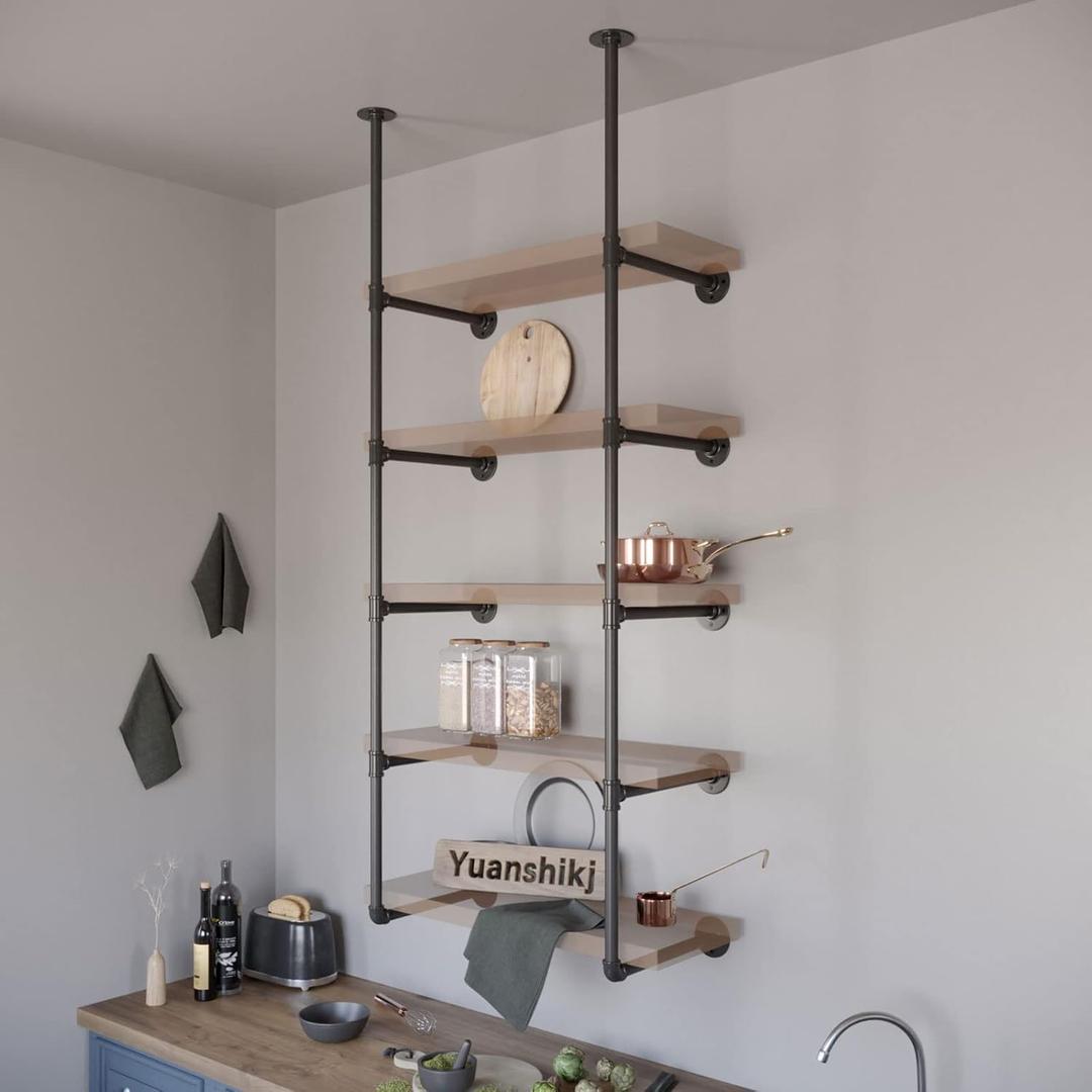 Yuanshikj 2Pc (70" Tall 12" deep 3/4") Industrial Wall Mount Iron Pipe Shelf Shelves Shelving Bracket Vintage Retro Black DIY Open Bookshelf Storage Home Kitchen (2 Pcs 5Tier Hardware only)